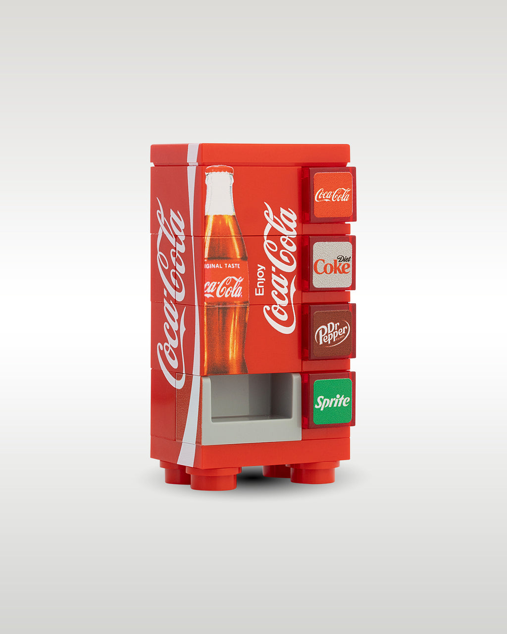 Side perspective view of the Trader Bricks custom MOC red soda machine, demonstrating the compact modular scale designed to fit seamlessly on brick city street layouts