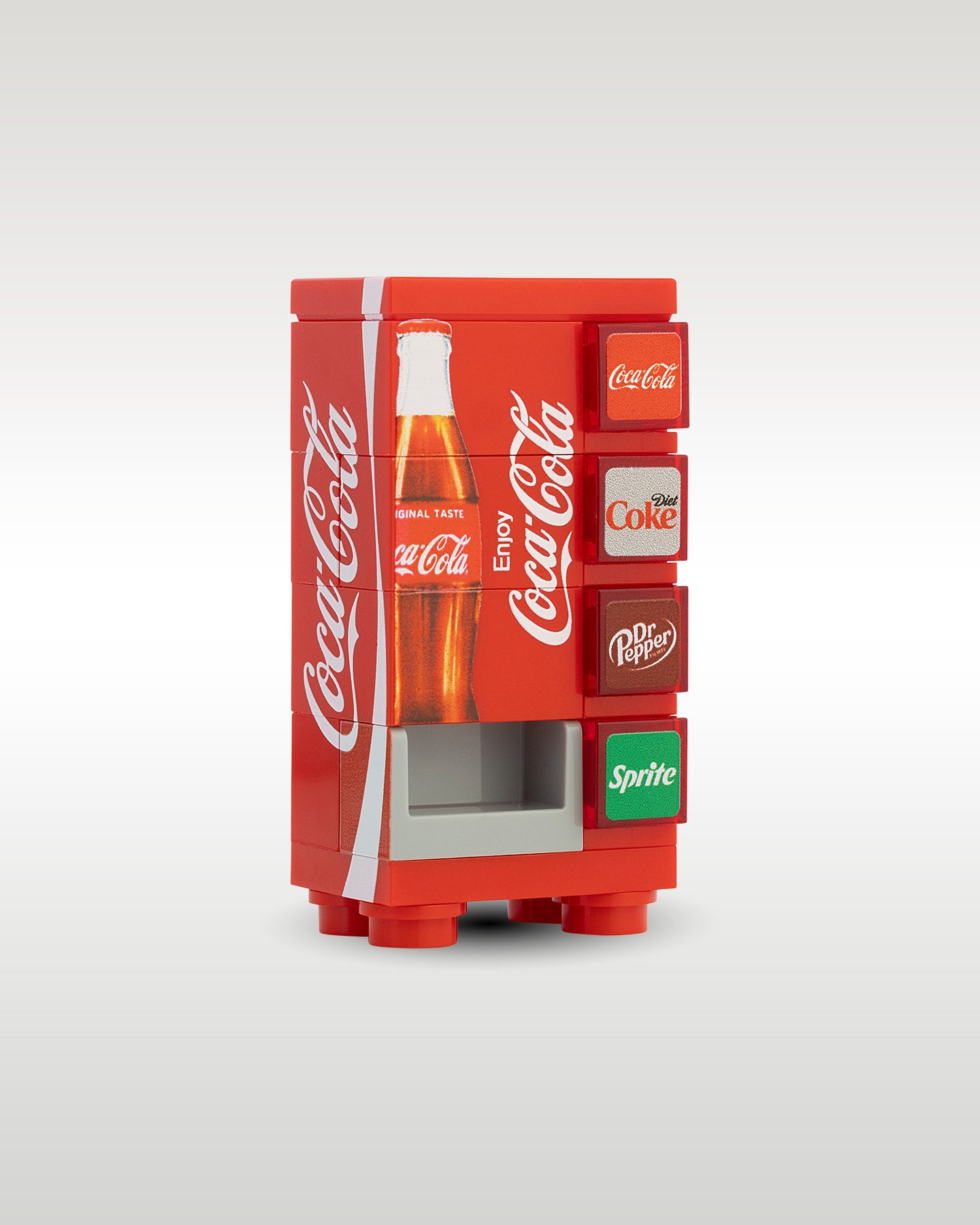 Side perspective view of the Trader Bricks custom MOC red soda machine, demonstrating the compact modular scale designed to fit seamlessly on brick city street layouts