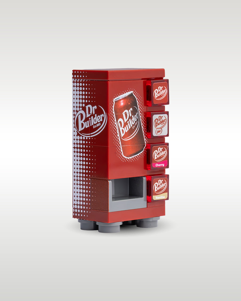 Side perspective view of the Trader Bricks custom MOC maroon soda machine, highlighting the compact modular build scale designed to fit flush against brick city walls