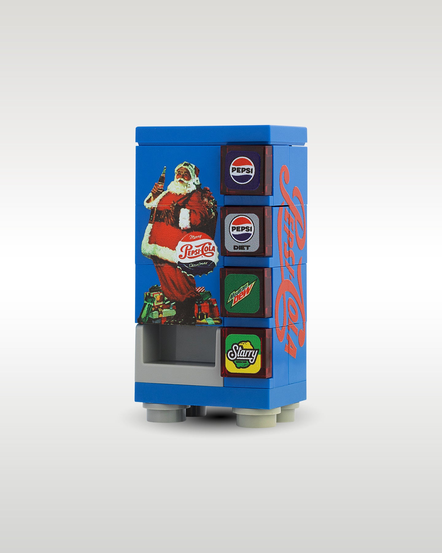 Side perspective view of the Trader Bricks custom MOC festive Pepsi machine, demonstrating the compact modular scale designed to fit into custom winter village layouts