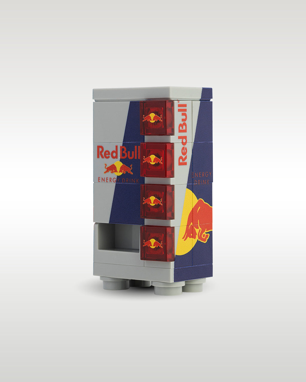 Side perspective view of the Trader Bricks custom MOC energy drink machine, demonstrating the compact modular scale designed to fit seamlessly on brick city street layouts