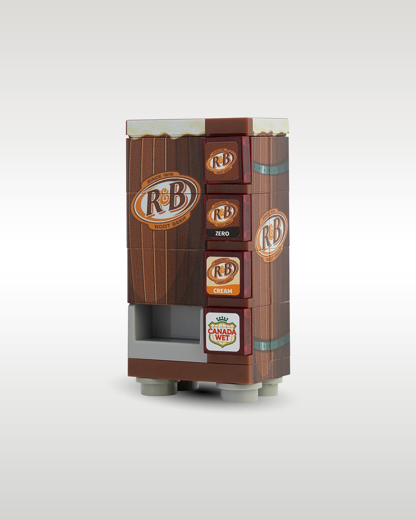 Side perspective view of the Trader Bricks custom MOC root beer soda machine, showcasing the compact scale designed to fit flush into brick city arcade layouts