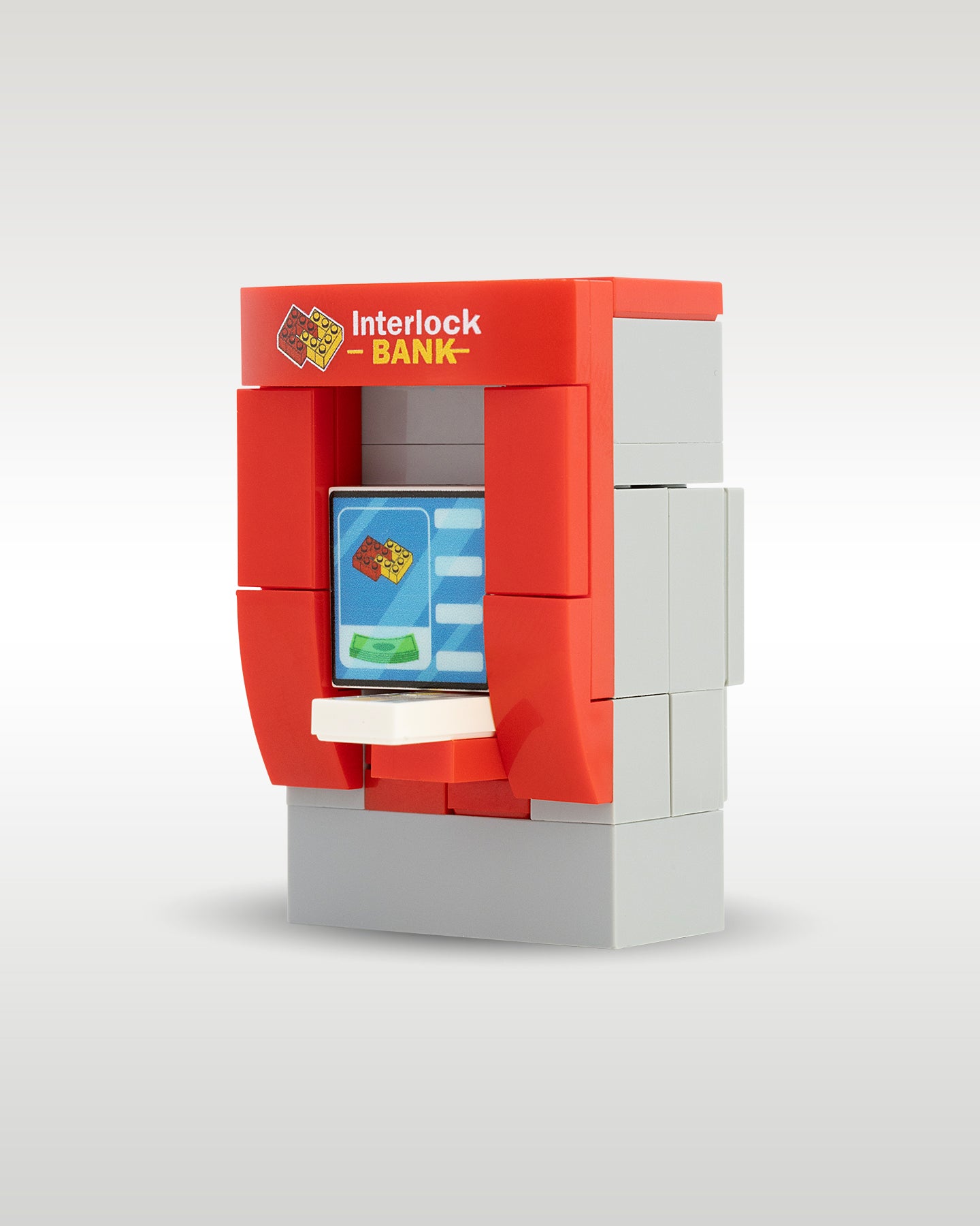 Three-quarter angled view of Trader Bricks custom toy brick Interlock Bank ATM, highlighting the compact modular design for custom brick builds