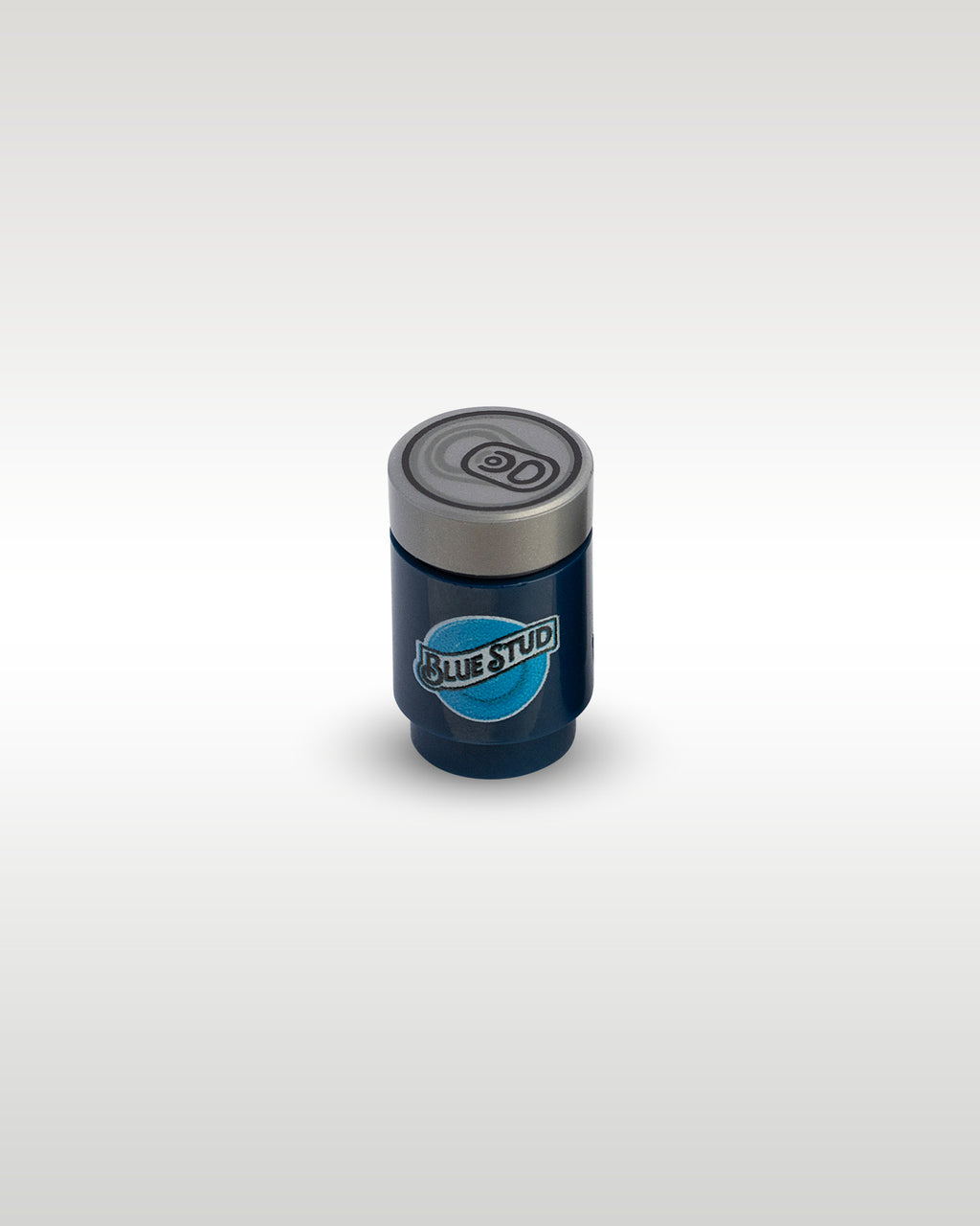 Angled top view of the Blue Stud custom toy brick beer can by Trader Bricks, showcasing the realistic printed silver soda can pull tab lid