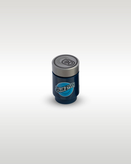 Angled top view of the Blue Stud custom toy brick beer can by Trader Bricks, showcasing the realistic printed silver soda can pull tab lid
