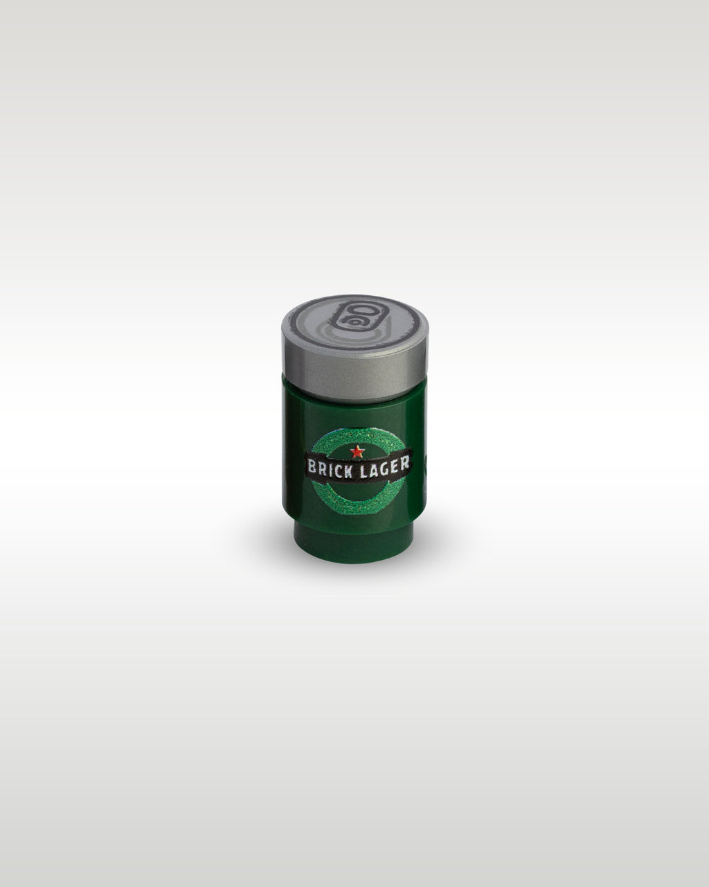 High-angle view of the green Brick Lager custom toy brick beer can by Trader Bricks, showcasing the detailed silver pull-tab printed on top