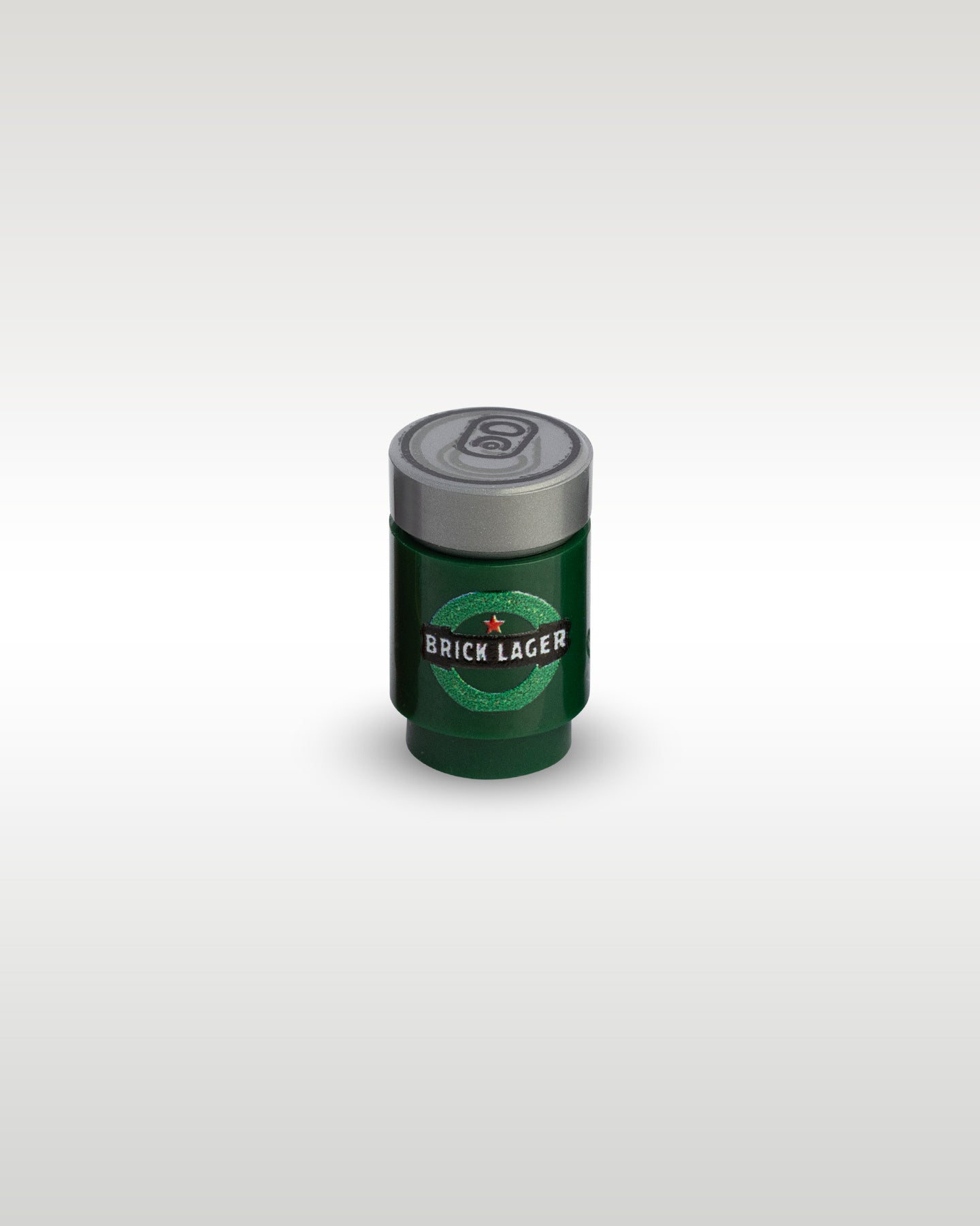 High-angle view of the green Brick Lager custom toy brick beer can by Trader Bricks, showcasing the detailed silver pull-tab printed on top