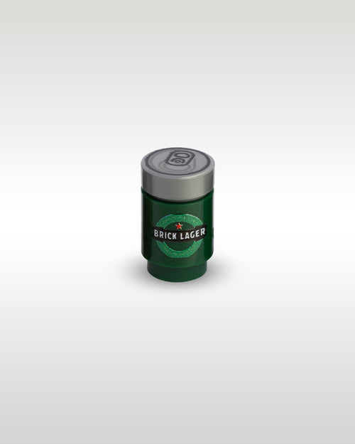 High-angle view of the green Brick Lager custom toy brick beer can by Trader Bricks, showcasing the detailed silver pull-tab printed on top