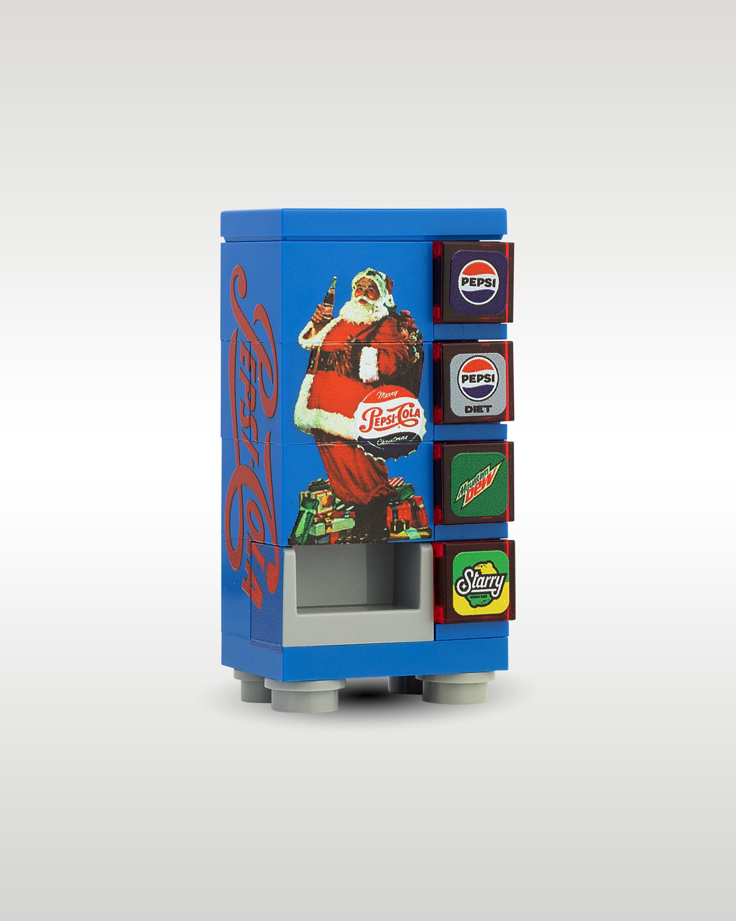 angled profile view of the custom toy brick holiday soda vending machine, showcasing the side graphics panel, collection slot, and printed selection tiles