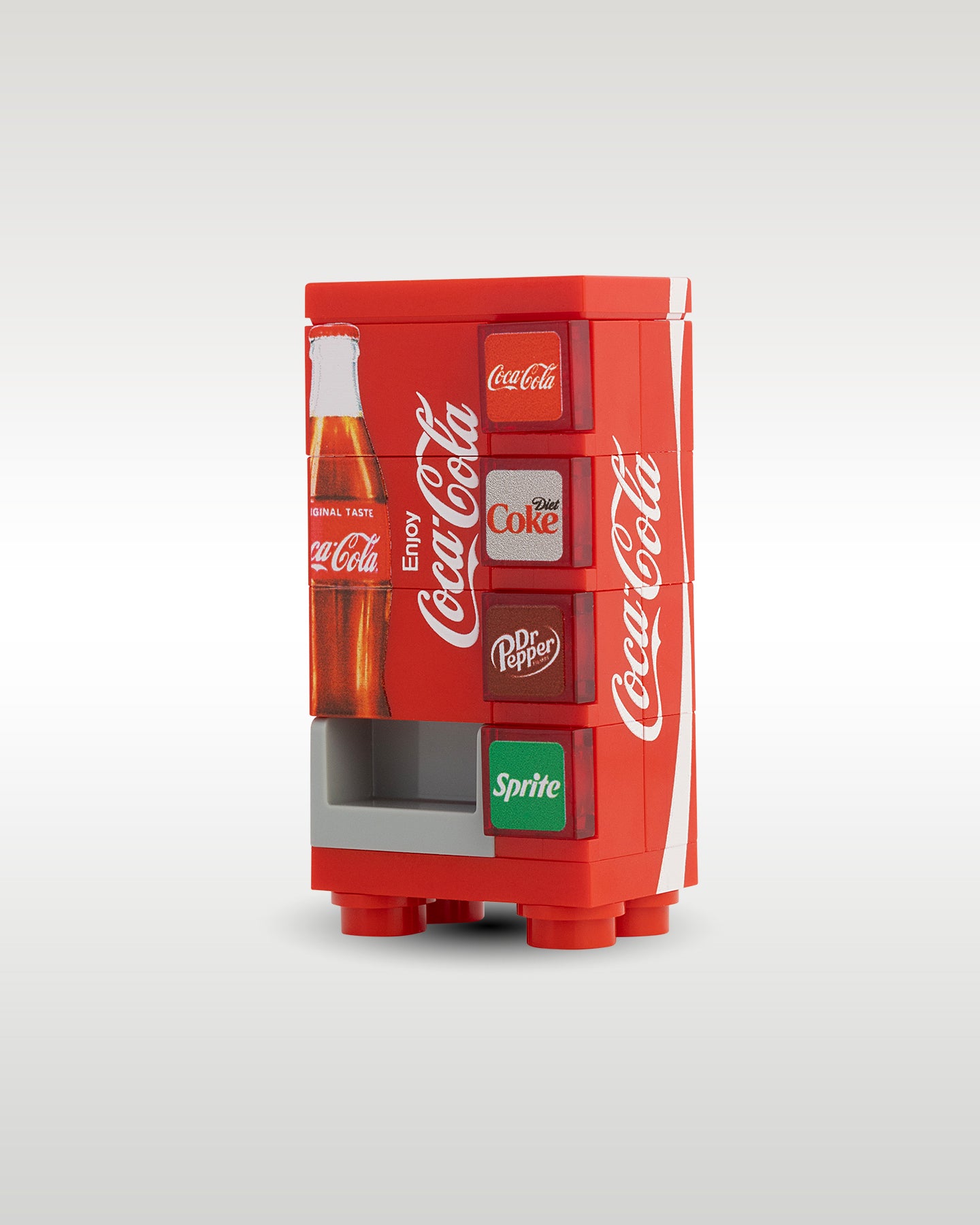 angled profile view of the custom toy brick classic soda vending machine, showcasing the side graphics panel, collection slot, and printed selection tiles