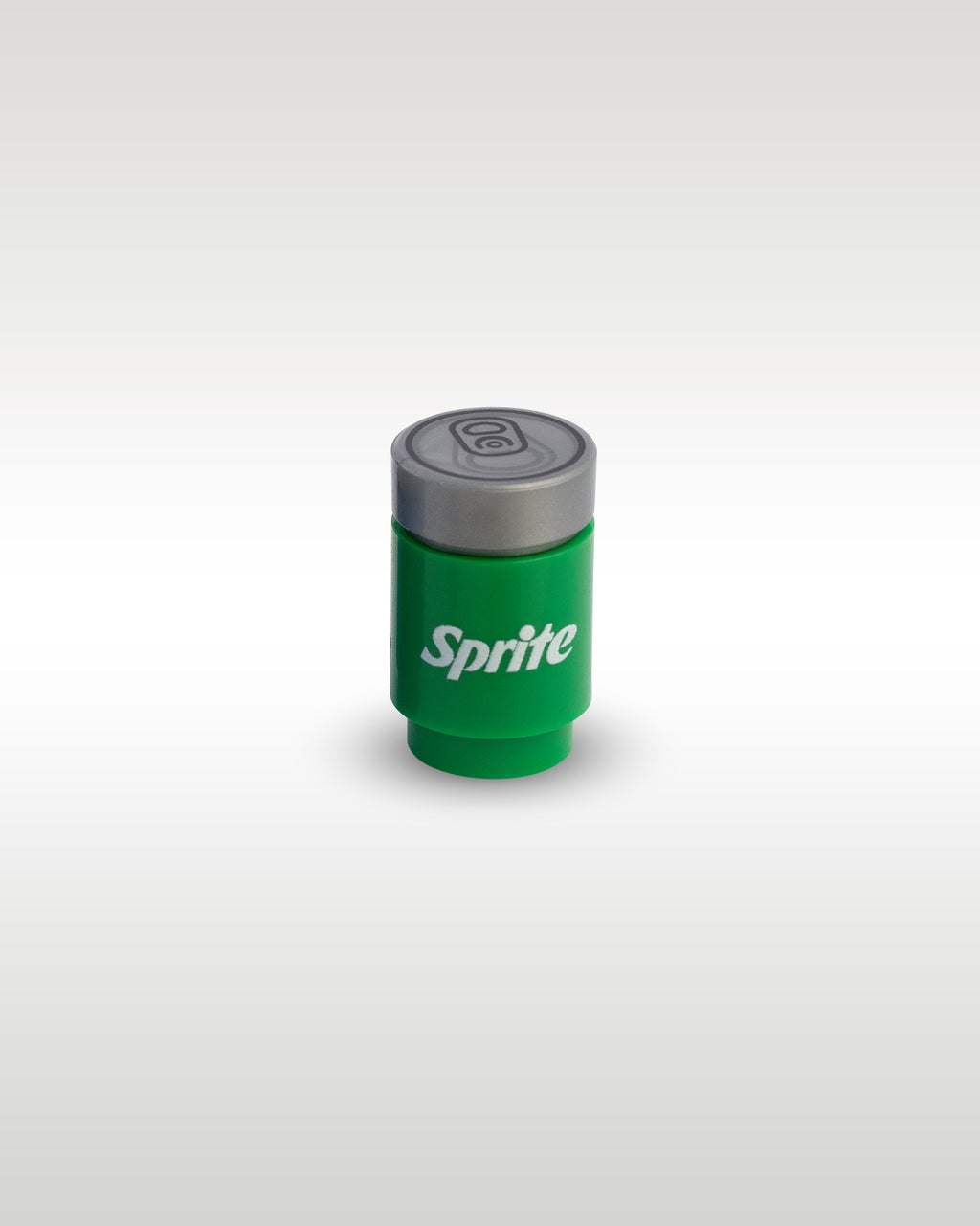 High-angle perspective of the green Sprite custom toy brick can by Trader Bricks, highlighting the detailed silver soda can pull-tab printed top lid