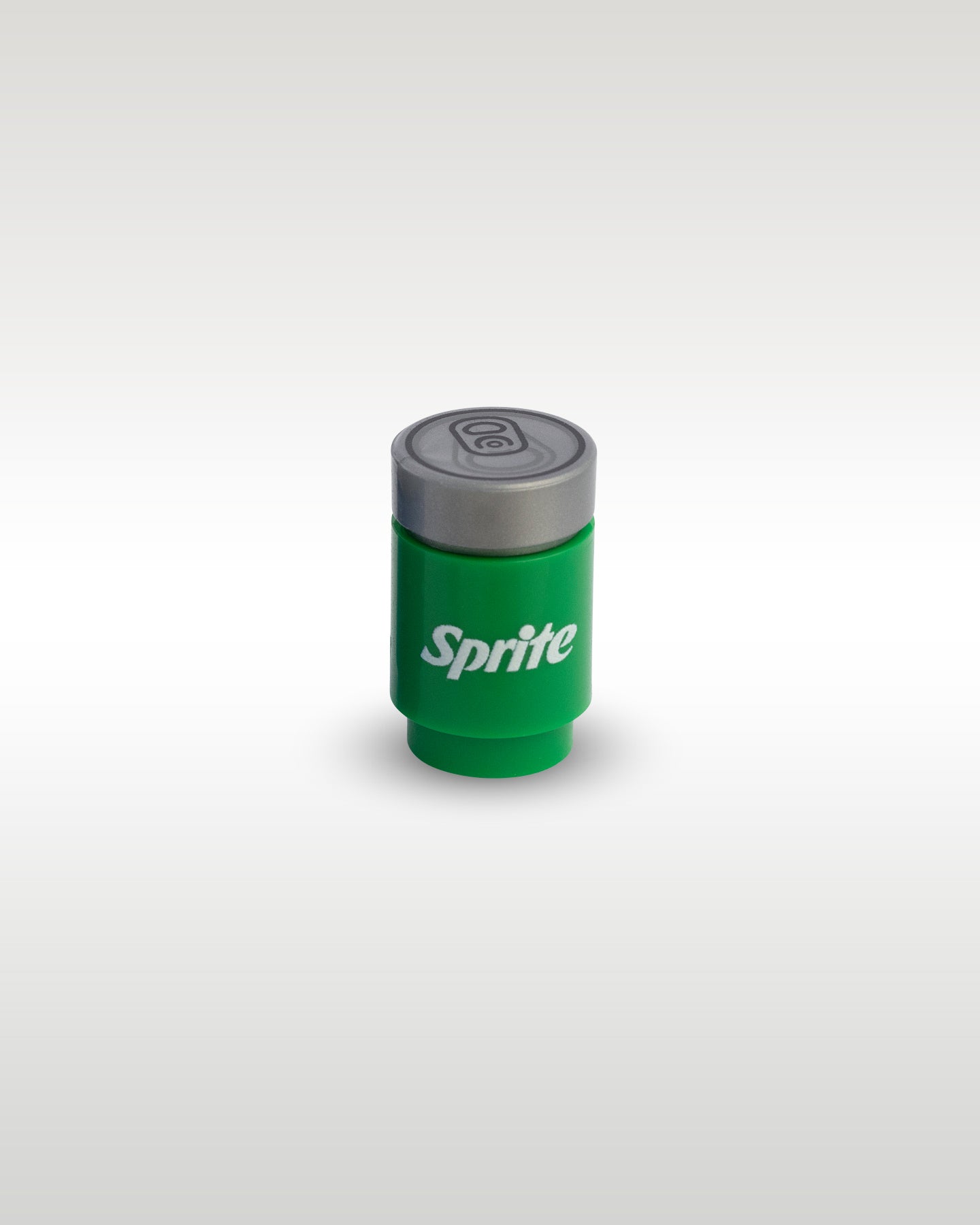 High-angle perspective of the green Sprite custom toy brick can by Trader Bricks, highlighting the detailed silver soda can pull-tab printed top lid