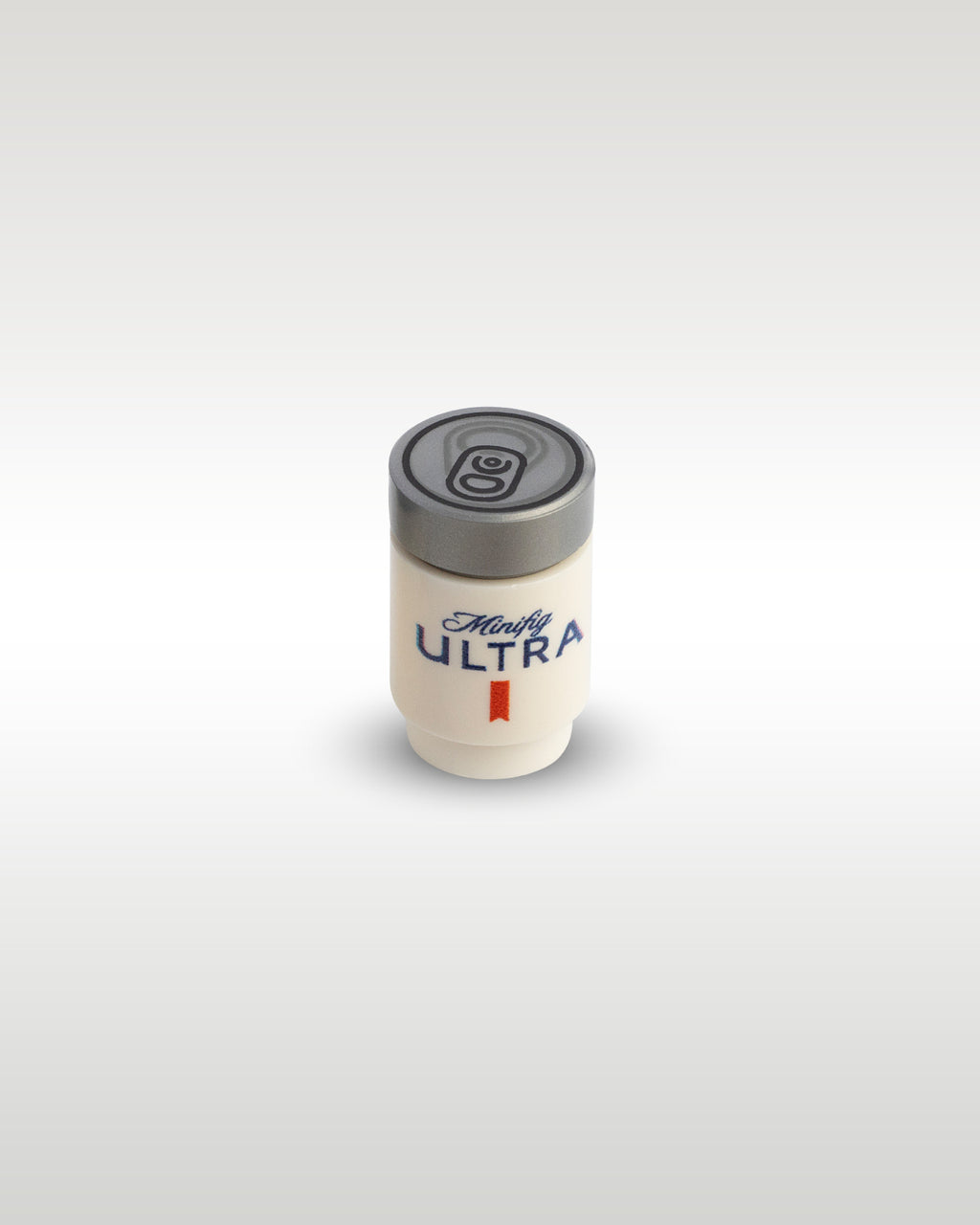 High-angle perspective of the white Minifig Ultra custom toy brick can by Trader Bricks, highlighting the detailed silver pull-tab printed top lid