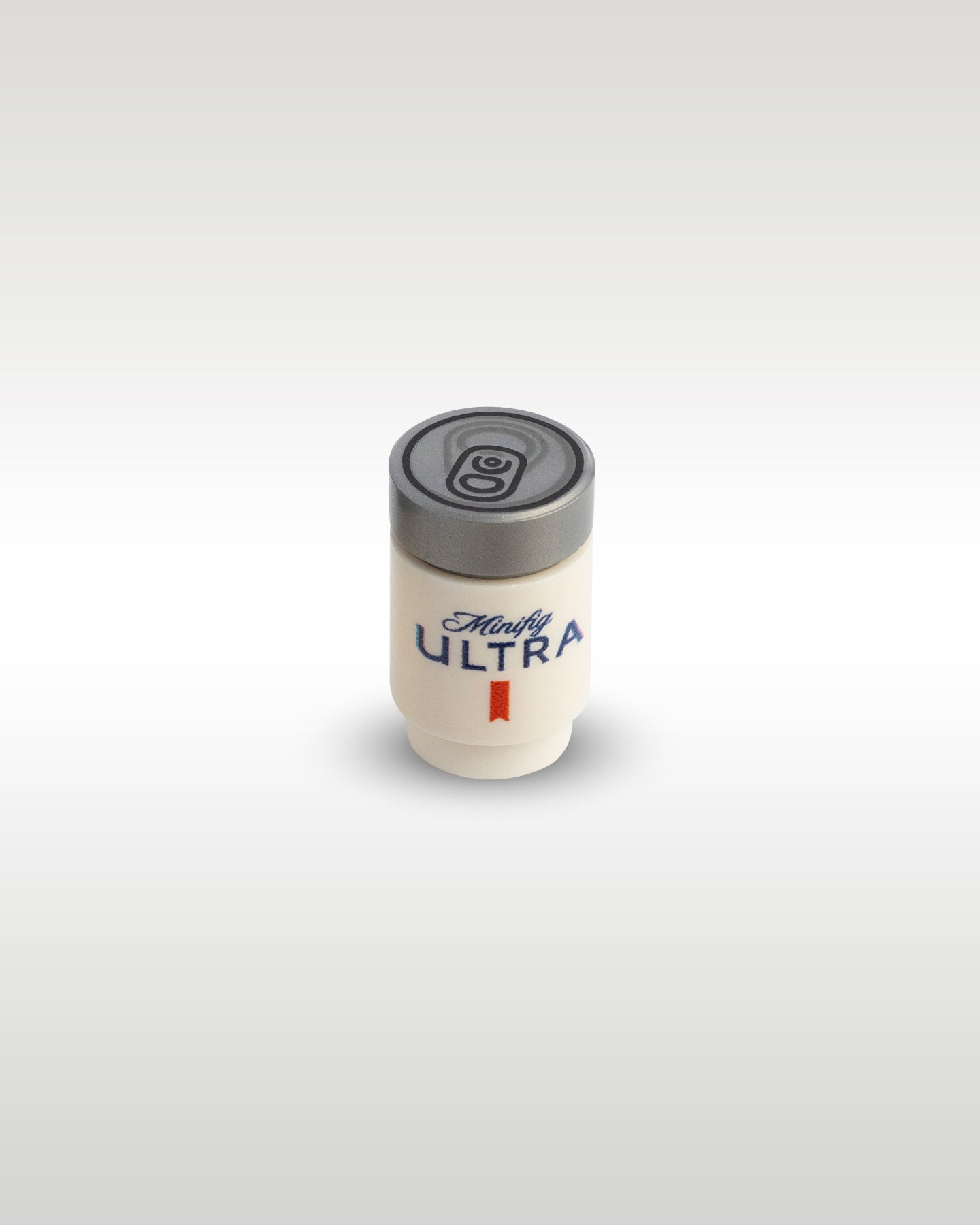 High-angle perspective of the white Minifig Ultra custom toy brick can by Trader Bricks, highlighting the detailed silver pull-tab printed top lid