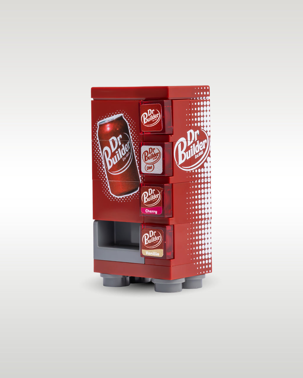 angled profile view of the custom toy brick Dr. Builder soda machine, showcasing the side graphics panel, coin slot, and printed selection tiles
