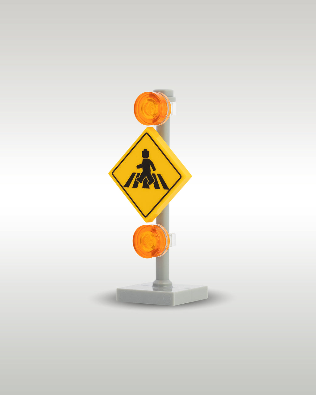 angled profile view of the custom toy brick pedestrian crosswalk sign post, showcasing the vertical pole mounting, square base stand, and warning light details