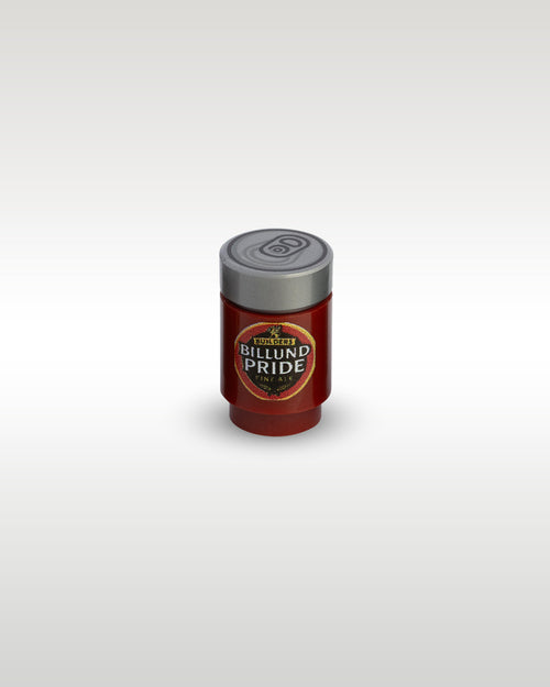 Angled top view of Trader Bricks custom toy brick beer can, showcasing the realistic printed silver pull-tab top lid