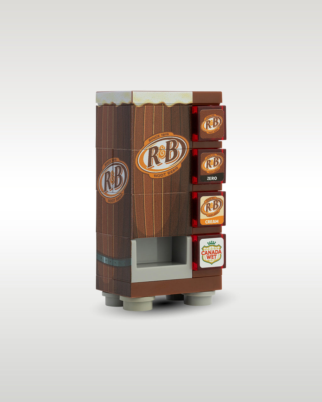angled profile view of the custom toy brick soda vending machine, highlighting the side panel graphics, dispenser slot, and realistic push buttons