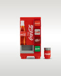 Custom brick-built Coca-Cola soda vending machine MOC set by Trader Bricks, featuring an authentic red and white logo design with a matching miniature cola can accessory