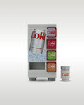 Custom brick-built Diet Coke soda vending machine MOC set by Trader Bricks, featuring a silver can on an ice graphic panel and a matching miniature light grey soda can accessory