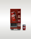Custom brick-built Dr. Pepper soda vending machine MOC set by Trader Bricks, featuring a maroon soda can graphic panel and a matching miniature dark red soda can accessory