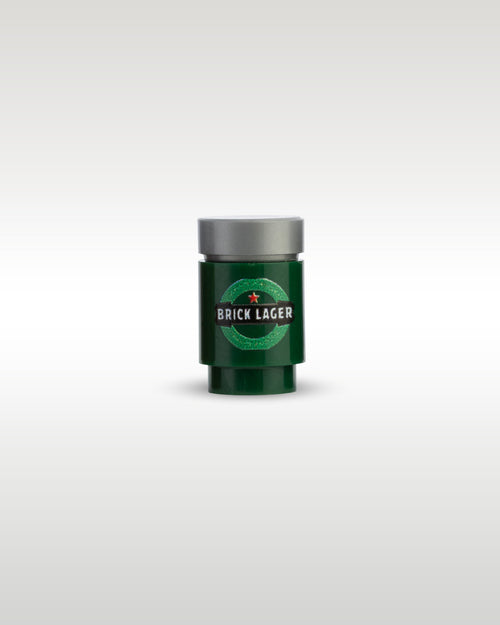 Custom printed Brick Lager beer can accessory by Trader Bricks, a green parody beverage element with a red star designed for Lego minifigures