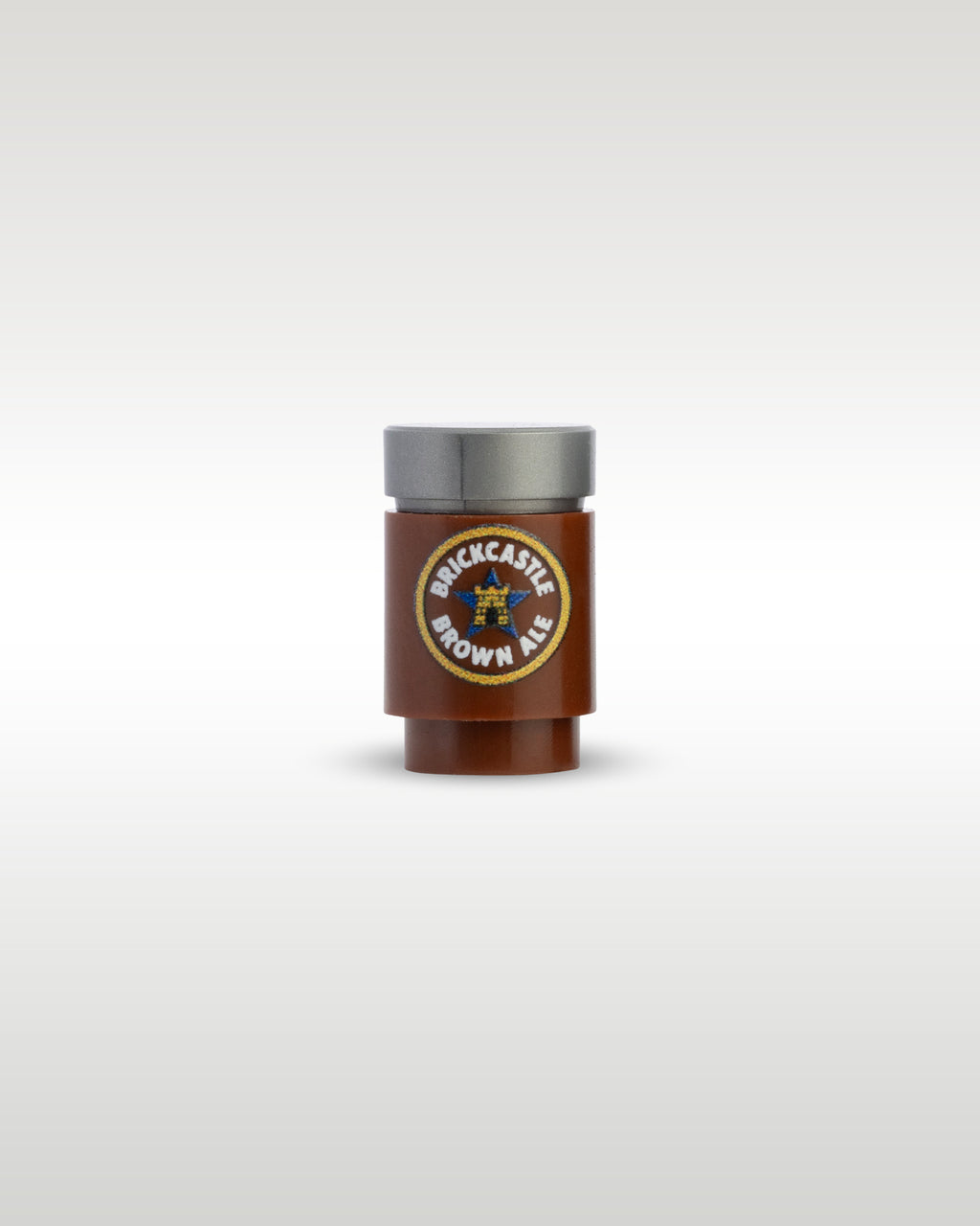 Custom printed Brickcastle Brown Ale beer can accessory by Trader Bricks, featuring a blue star parody logo on a brown 1x1 round brick for Lego minifigures