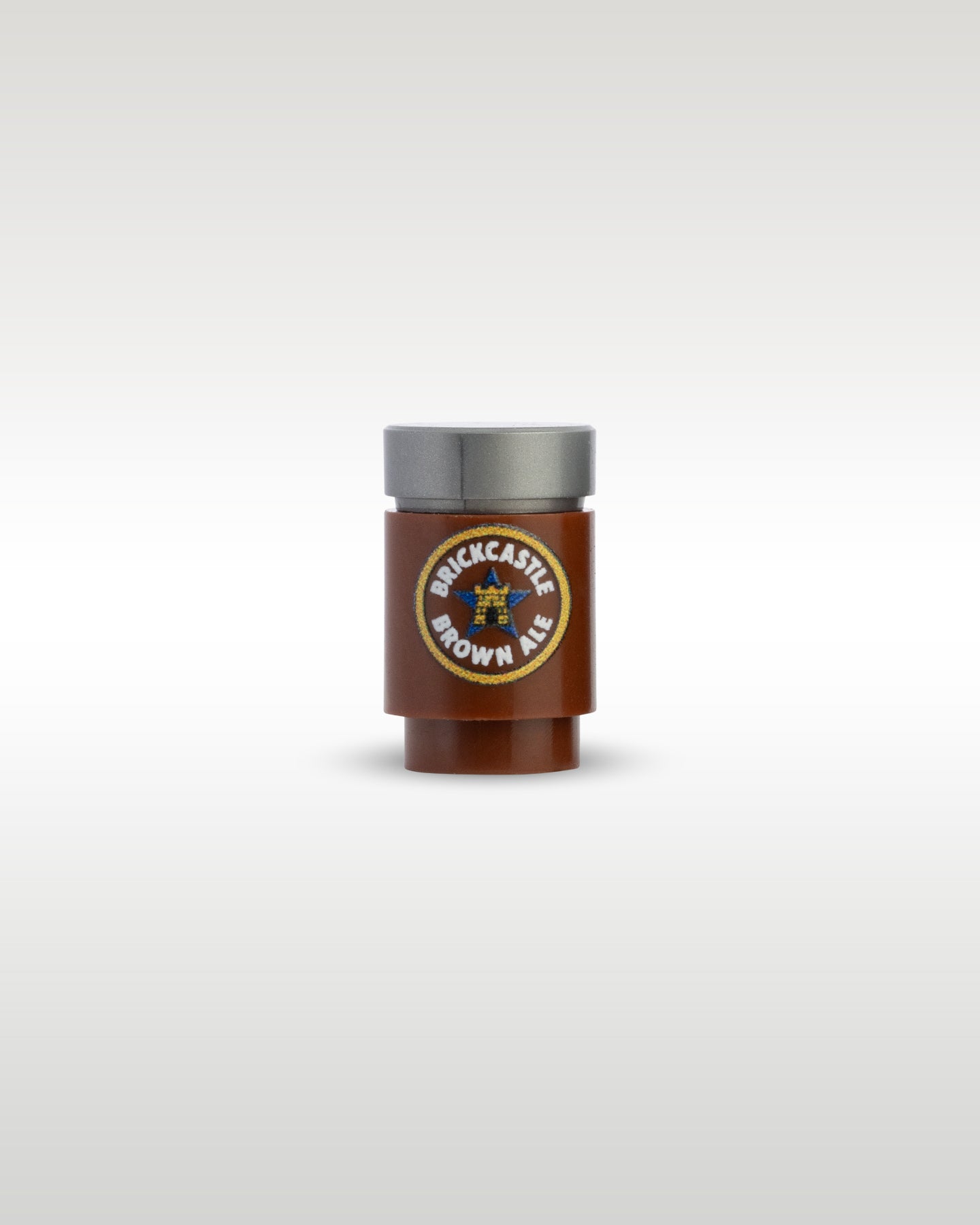 Custom printed Brickcastle Brown Ale beer can accessory by Trader Bricks, featuring a blue star parody logo on a brown 1x1 round brick for Lego minifigures