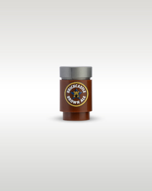 Custom printed Brickcastle Brown Ale beer can accessory by Trader Bricks, featuring a blue star parody logo on a brown 1x1 round brick for Lego minifigures