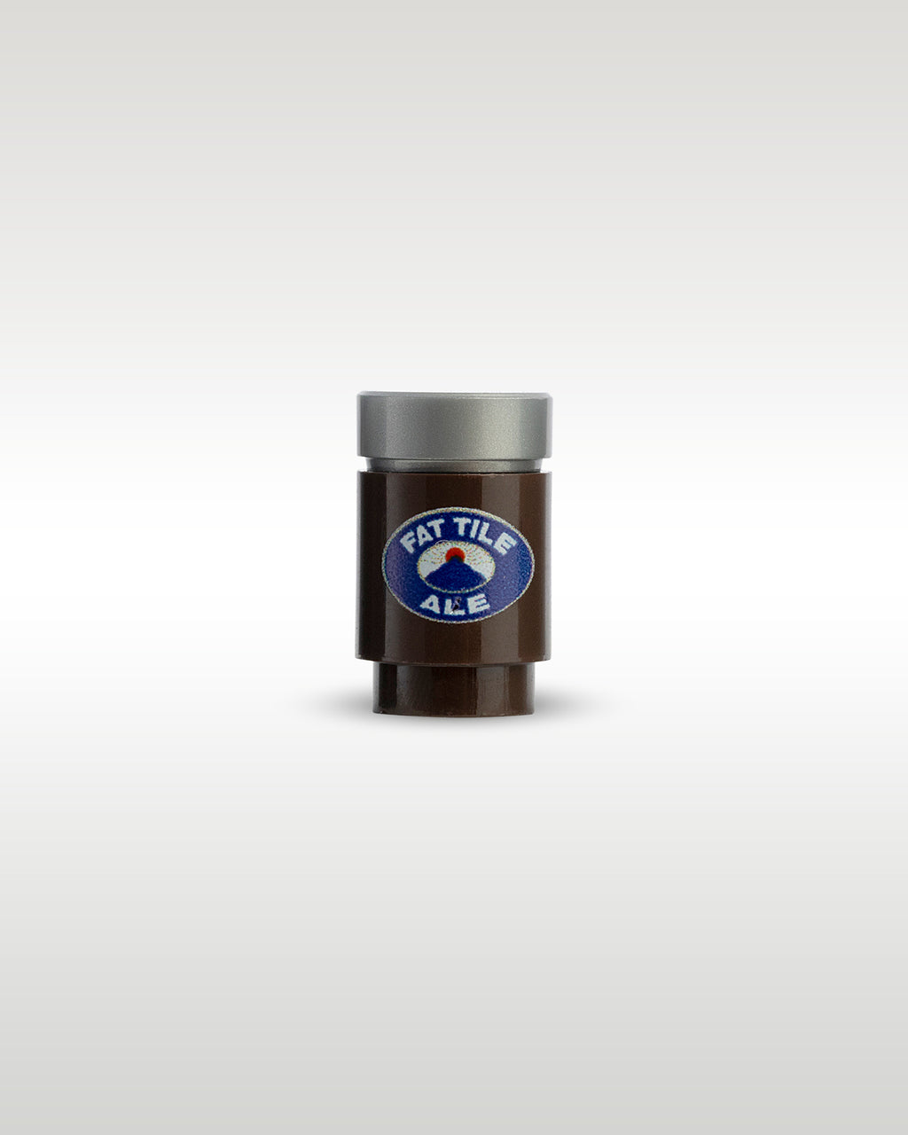 Custom printed Fat Tile Ale beer can accessory by Trader Bricks, featuring a blue oval parody logo with a red brick tile on a brown 1x1 round piece