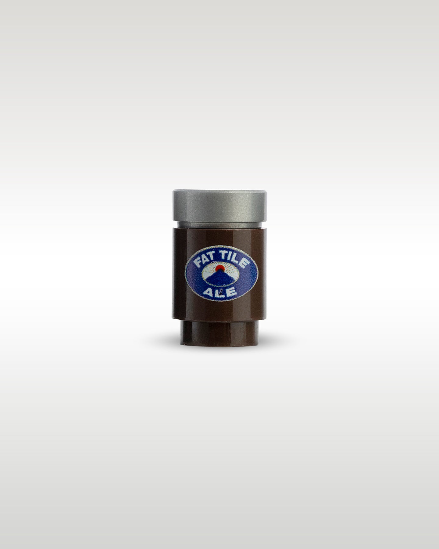 Custom printed Fat Tile Ale beer can accessory by Trader Bricks, featuring a blue oval parody logo with a red brick tile on a brown 1x1 round piece