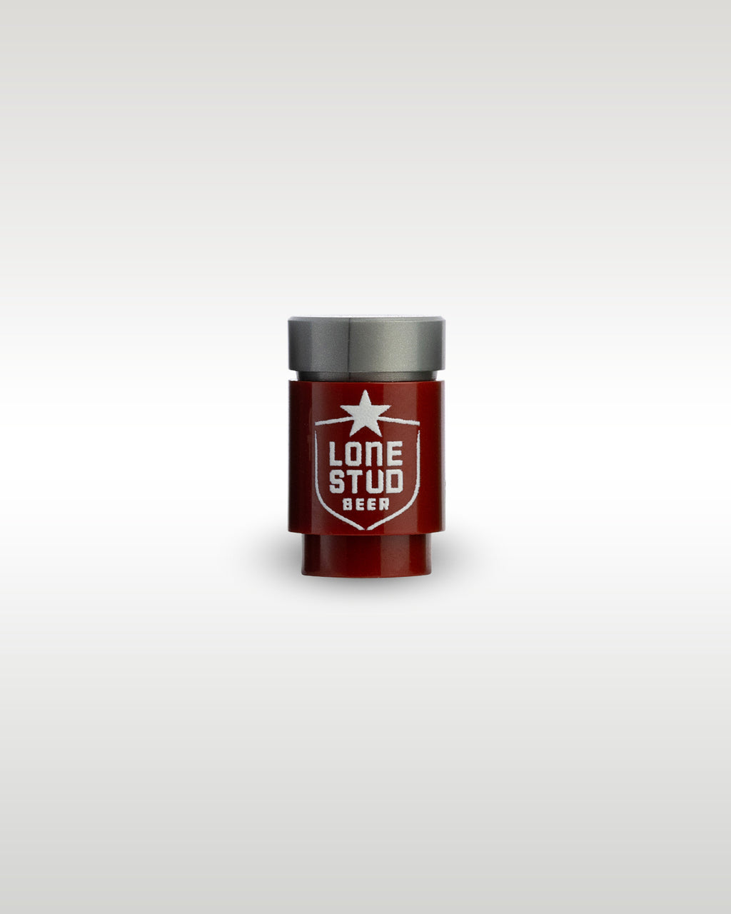 Custom printed Lone Stud beer can accessory by Trader Bricks, featuring a white shield and star parody logo on a dark red 1x1 round brick for Lego minifigures