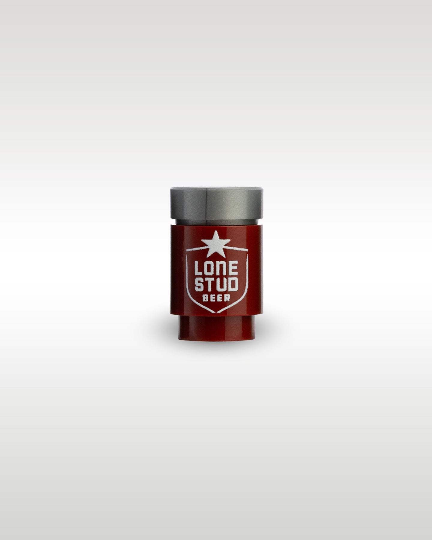Custom printed Lone Stud beer can accessory by Trader Bricks, featuring a white shield and star parody logo on a dark red 1x1 round brick for Lego minifigures