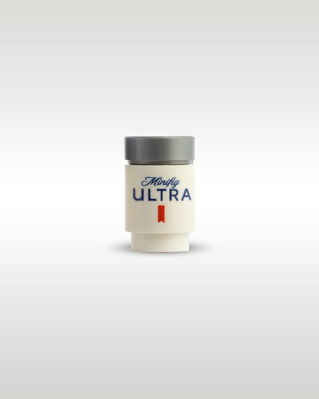 Custom printed Minifig Ultra beer can accessory by Trader Bricks, featuring a blue and red parody logo on a white 1x1 round brick for Lego minifigures