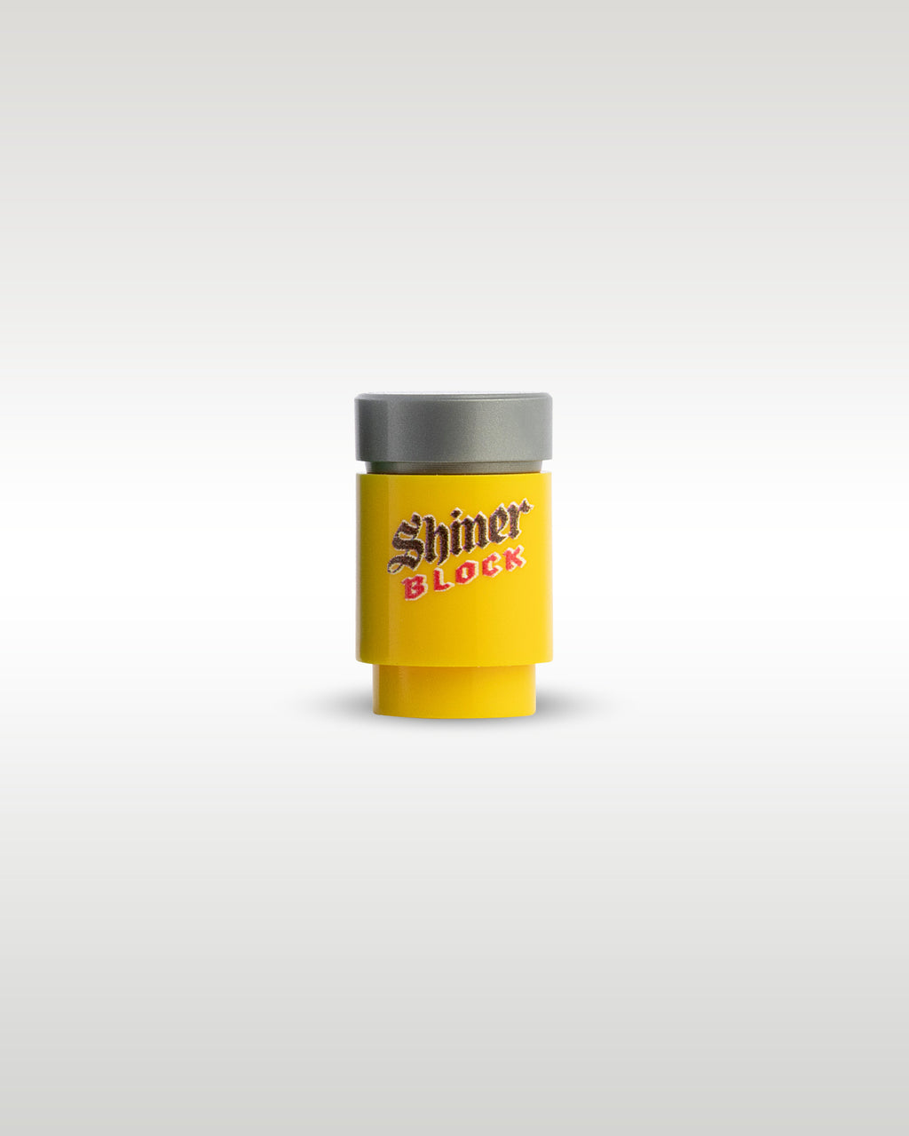 Custom printed Shiner Block beer can accessory by Trader Bricks, featuring a yellow parody logo on a 1x1 round brick for Lego minifigures