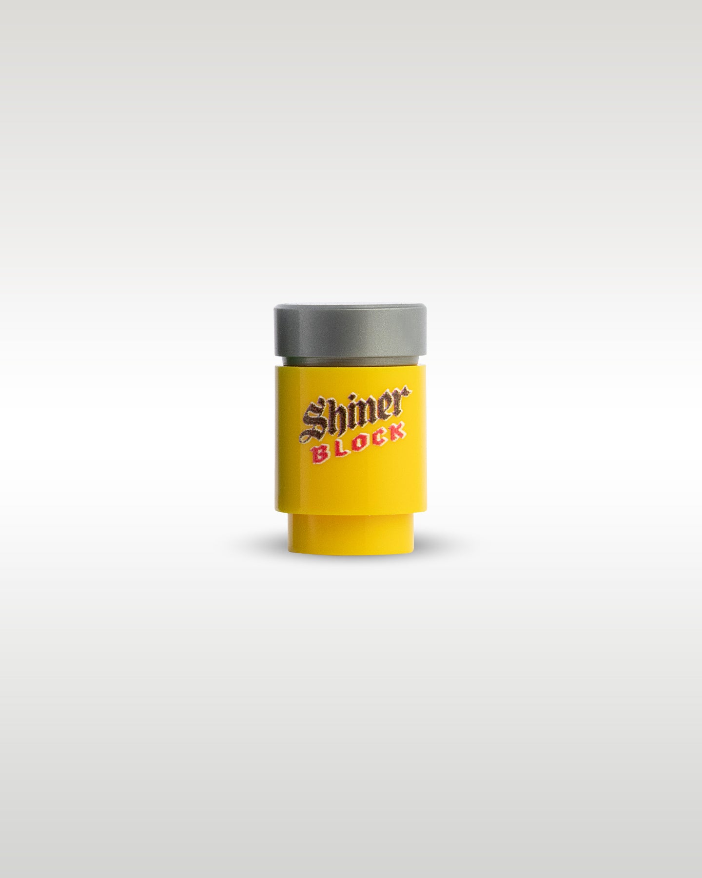 Custom printed Shiner Block beer can accessory by Trader Bricks, featuring a yellow parody logo on a 1x1 round brick for Lego minifigures