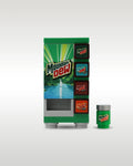 Custom brick-built Mountain Dew soda vending machine MOC set by Trader Bricks, featuring a vibrant green mountain landscape graphic panel and a matching miniature soda can accessory