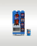 Custom brick-built Pepsi soda vending machine MOC set by Trader Bricks, featuring a blue cola bottle on an ice graphic panel and a matching miniature blue soda can accessory