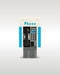 Custom brick-built public phone booth payphone MOC model by Trader Bricks, featuring a custom printed blue and white enclosure with a realistic black telephone handset