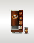 Custom brick-built R&B Root Beer vending machine MOC set by Trader Bricks, featuring a custom printed brown soda machine facade and a matching miniature root beer can accessory