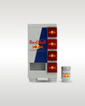 Custom brick-built Red Bull energy drink vending machine MOC set by Trader Bricks, featuring the authentic silver and blue logo design alongside a matching miniature drink can accessory