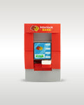 Custom red and grey Interlock Bank ATM machine model by Trader Bricks, built with Lego compatible pieces showing a custom printed screen and cash slot