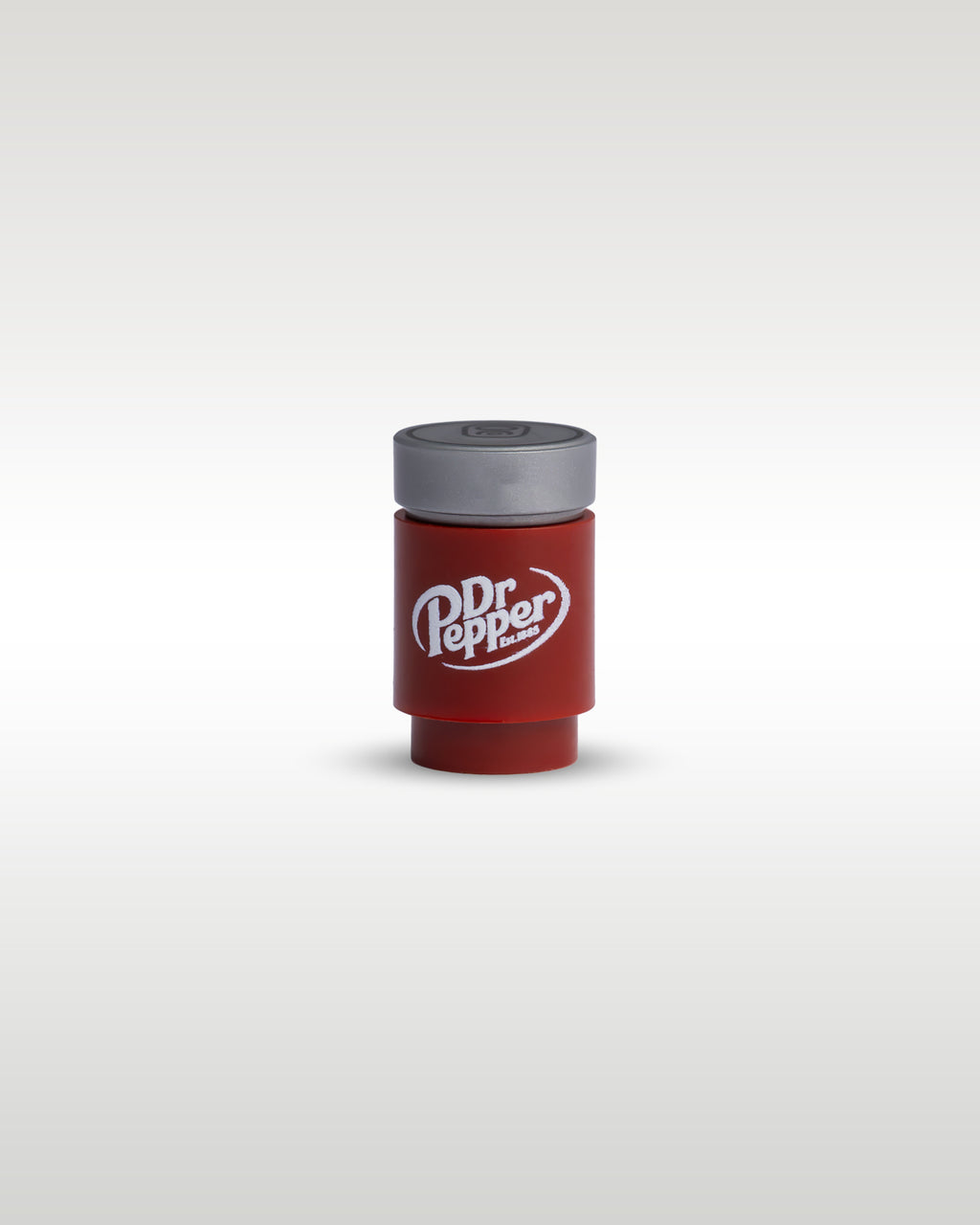 Front close-up view of the custom printed miniature Dr. Pepper soda can accessory by Trader Bricks, featuring the classic oval logo on a dark red 1x1 round brick