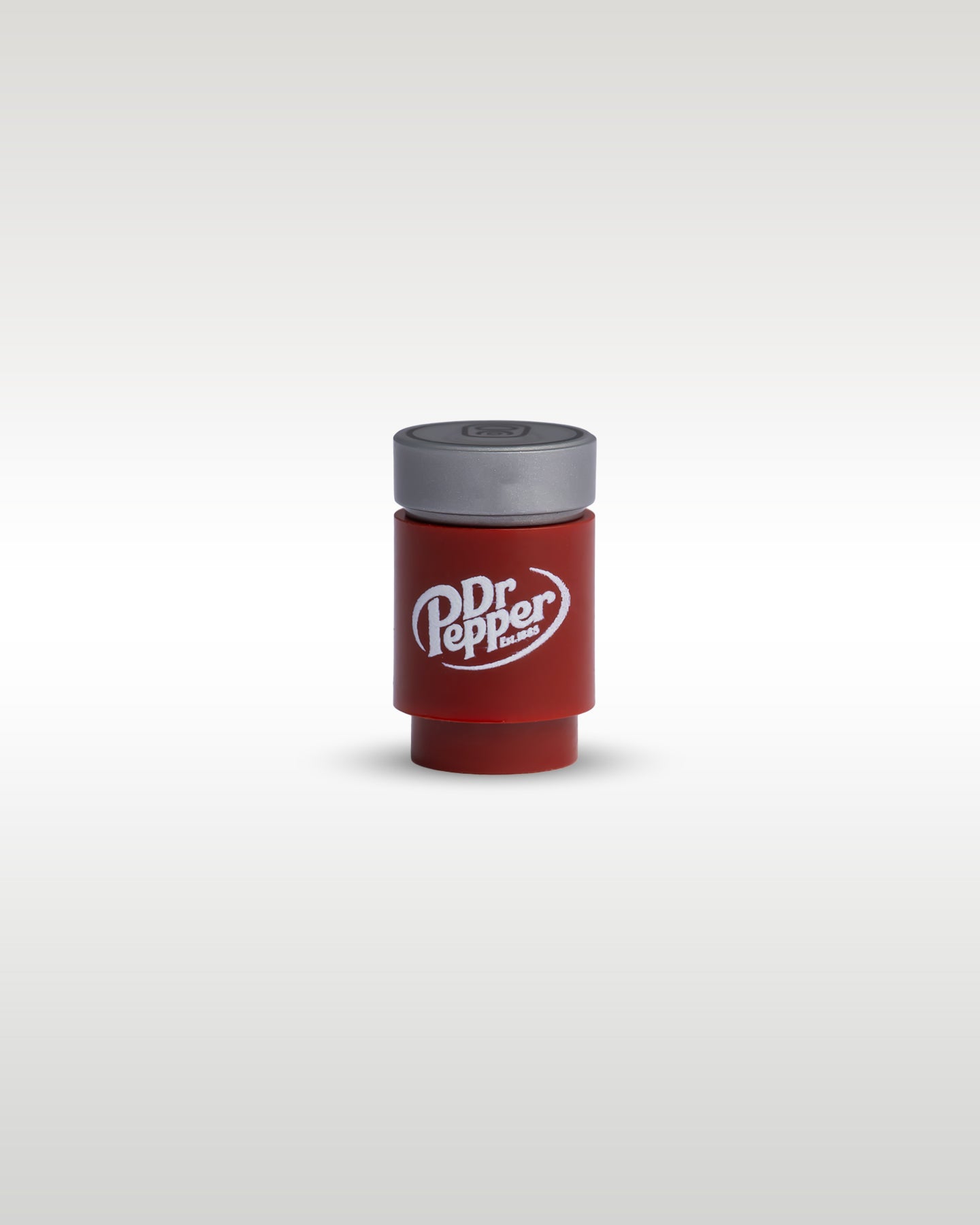 Front close-up view of the custom printed miniature Dr. Pepper soda can accessory by Trader Bricks, featuring the classic oval logo on a dark red 1x1 round brick